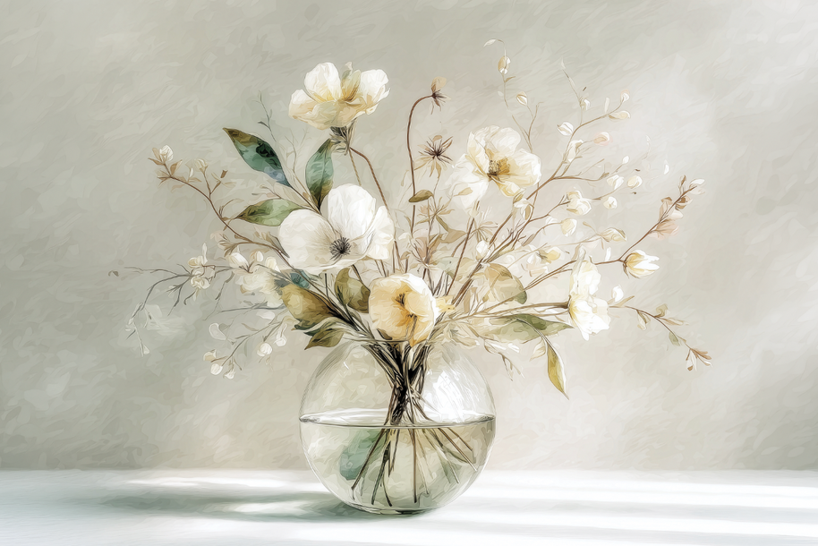 Floral wall art print with warm golden petals and soft neutral tones, elegant decor for modern home