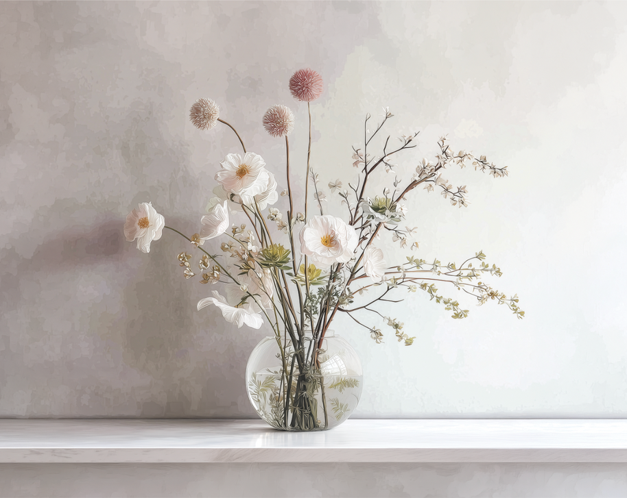 Soft floral wall art print with white blossoms in a glass vase, minimalist neutral decor for modern home