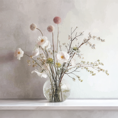 Soft floral wall art print with white blossoms in a glass vase, minimalist neutral decor for modern home
