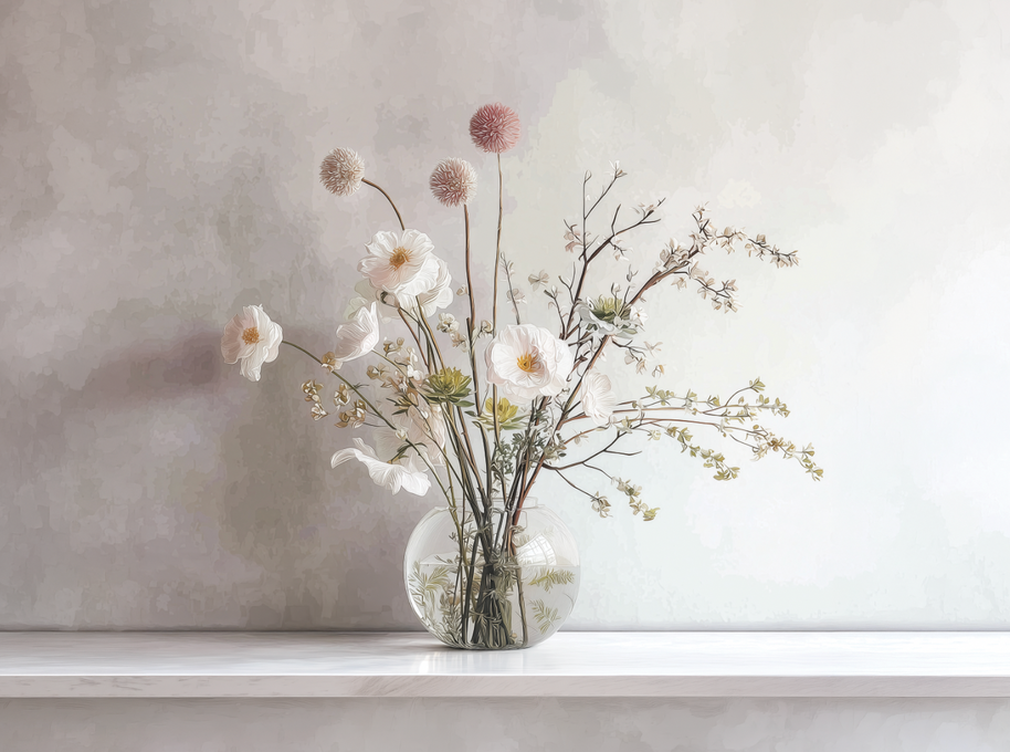 Soft floral wall art print with white blossoms in a glass vase, minimalist neutral decor for modern home
