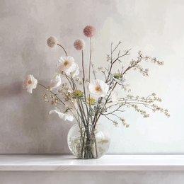 Soft floral wall art print with white blossoms in a glass vase, minimalist neutral decor for modern home