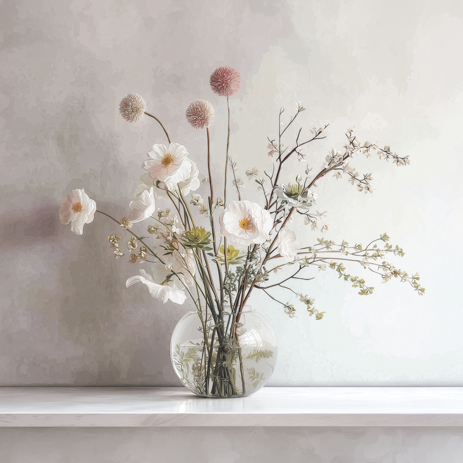Soft floral wall art print with white blossoms in a glass vase, minimalist neutral decor for modern home