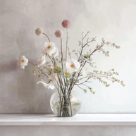 Soft floral wall art print with white blossoms in a glass vase, minimalist neutral decor for modern home