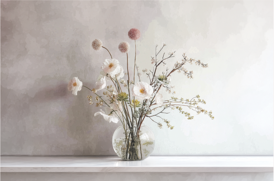 Soft floral wall art print with white blossoms in a glass vase, minimalist neutral decor for modern home