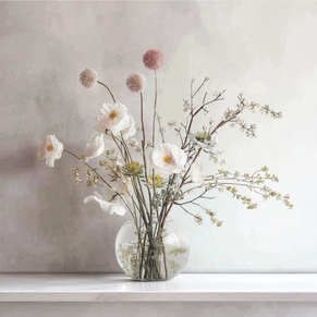 Soft floral wall art print with white blossoms in a glass vase, minimalist neutral decor for modern home