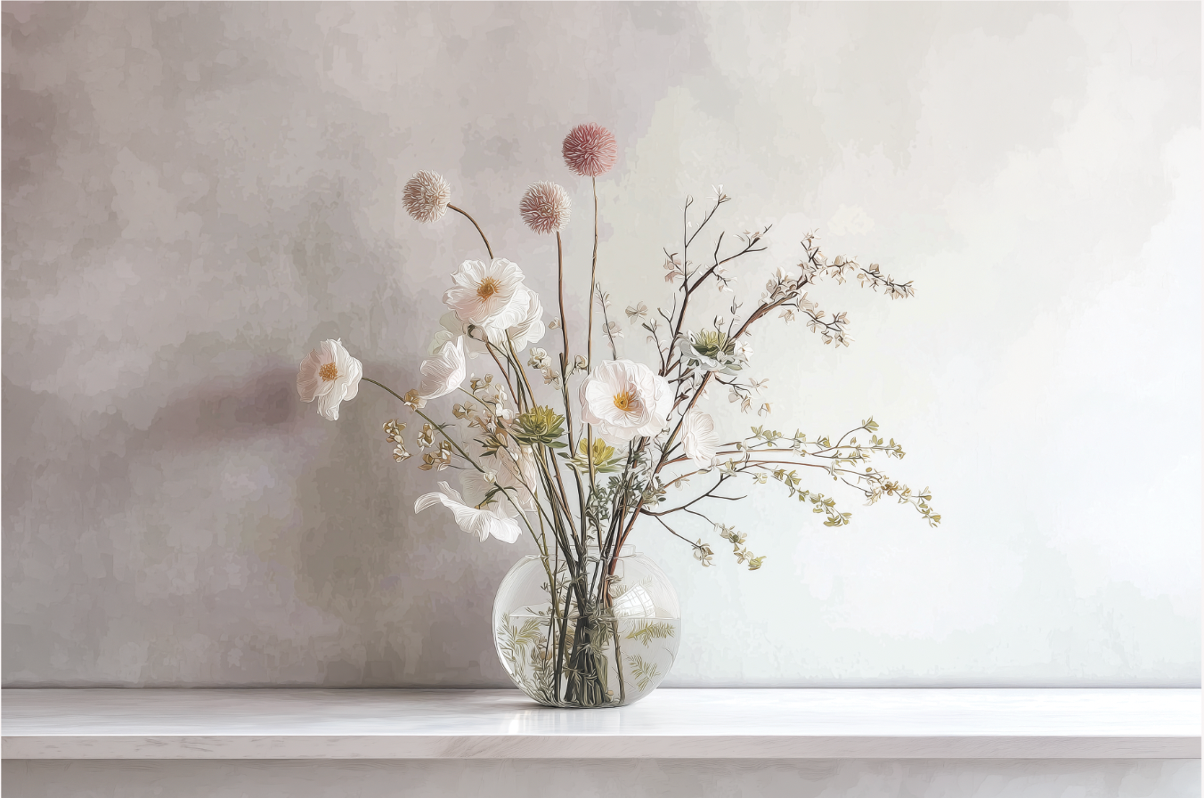 Soft floral wall art print with white blossoms in a glass vase, minimalist neutral decor for modern home