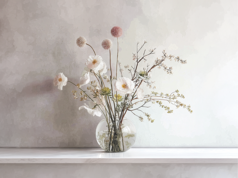 Soft floral wall art print with white blossoms in a glass vase, minimalist neutral decor for modern home