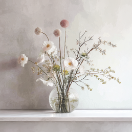 Soft floral wall art print with white blossoms in a glass vase, minimalist neutral decor for modern home