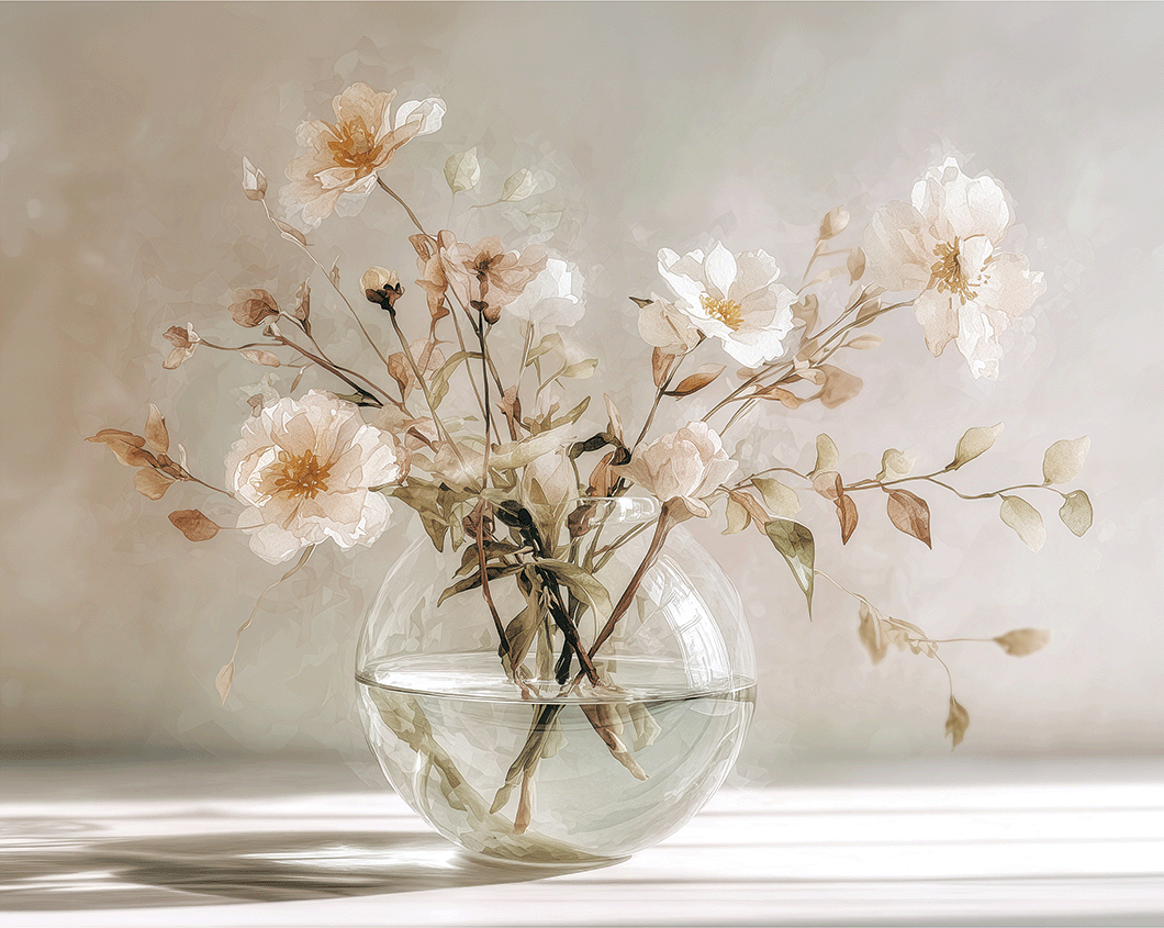 Floral wall art print with soft bouquet in warm sunlight tones, elegant decor for modern home