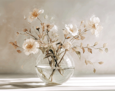 Floral wall art print with soft bouquet in warm sunlight tones, elegant decor for modern home