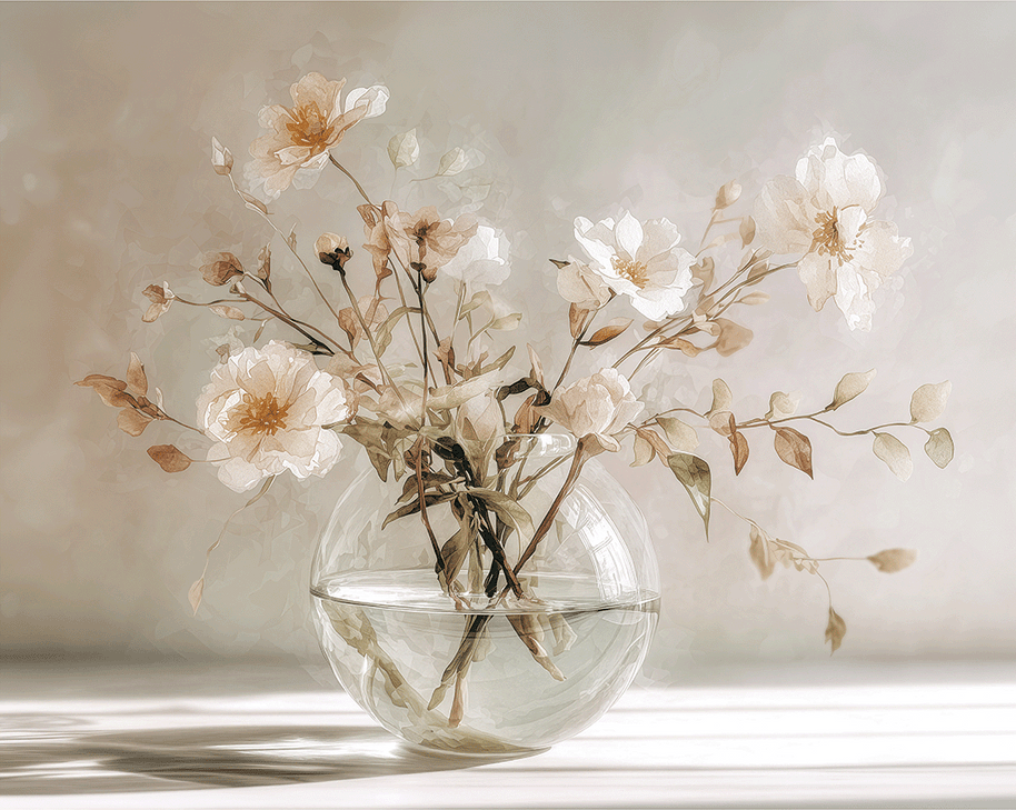 Floral wall art print with soft bouquet in warm sunlight tones, elegant decor for modern home