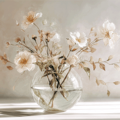 Floral wall art print with soft bouquet in warm sunlight tones, elegant decor for modern home