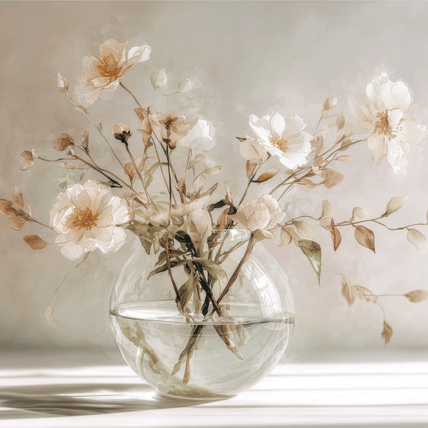 Floral wall art print with soft bouquet in warm sunlight tones, elegant decor for modern home