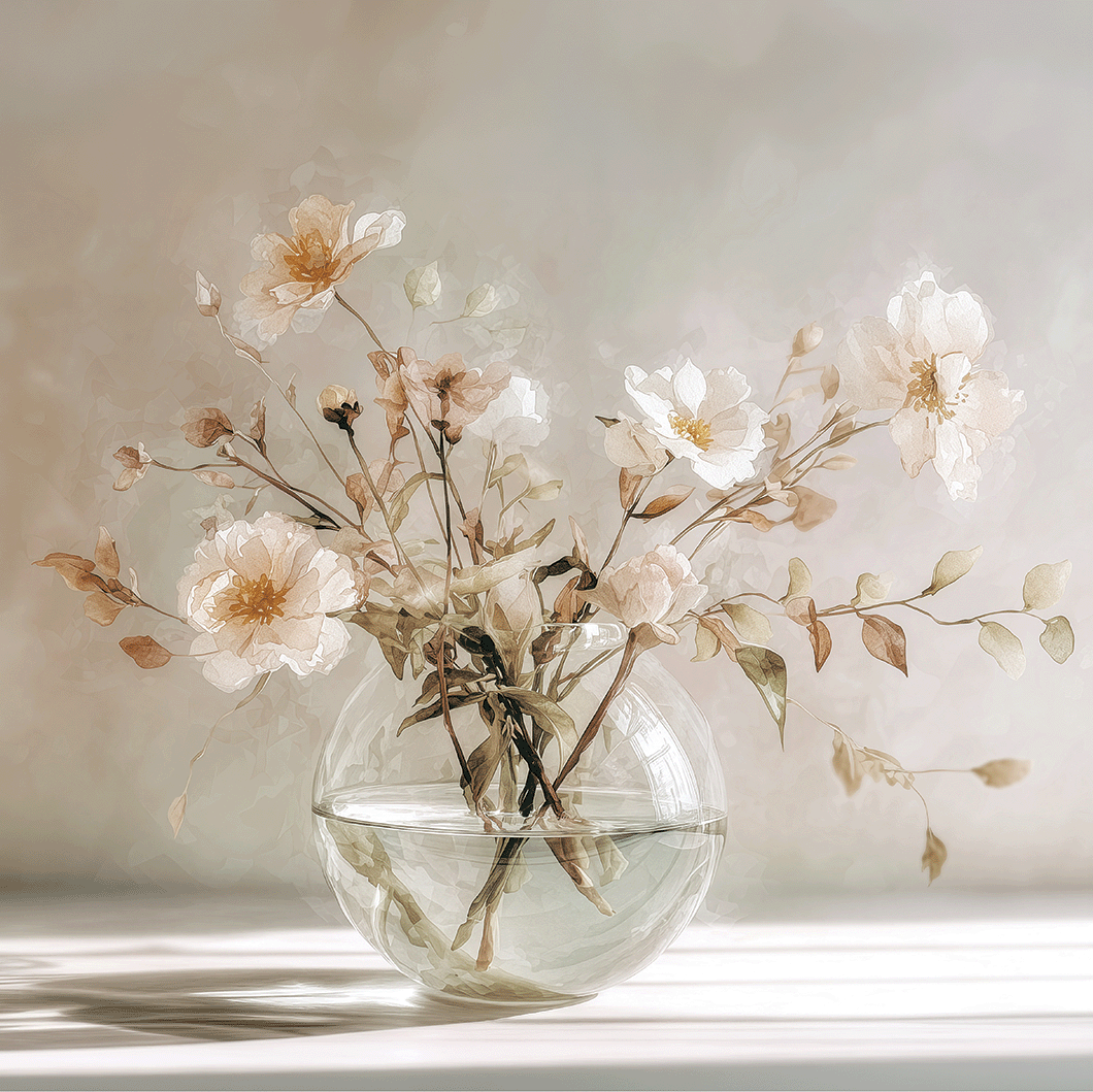 Floral wall art print with soft bouquet in warm sunlight tones, elegant decor for modern home
