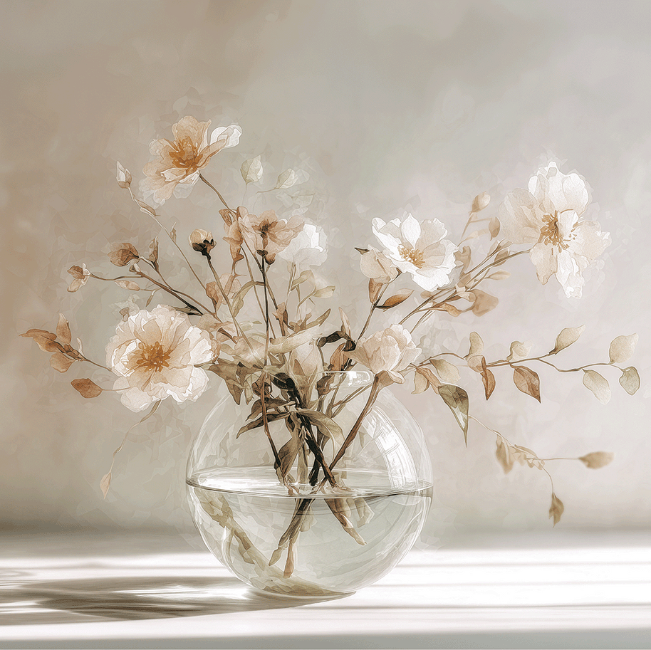 Floral wall art print with soft bouquet in warm sunlight tones, elegant decor for modern home