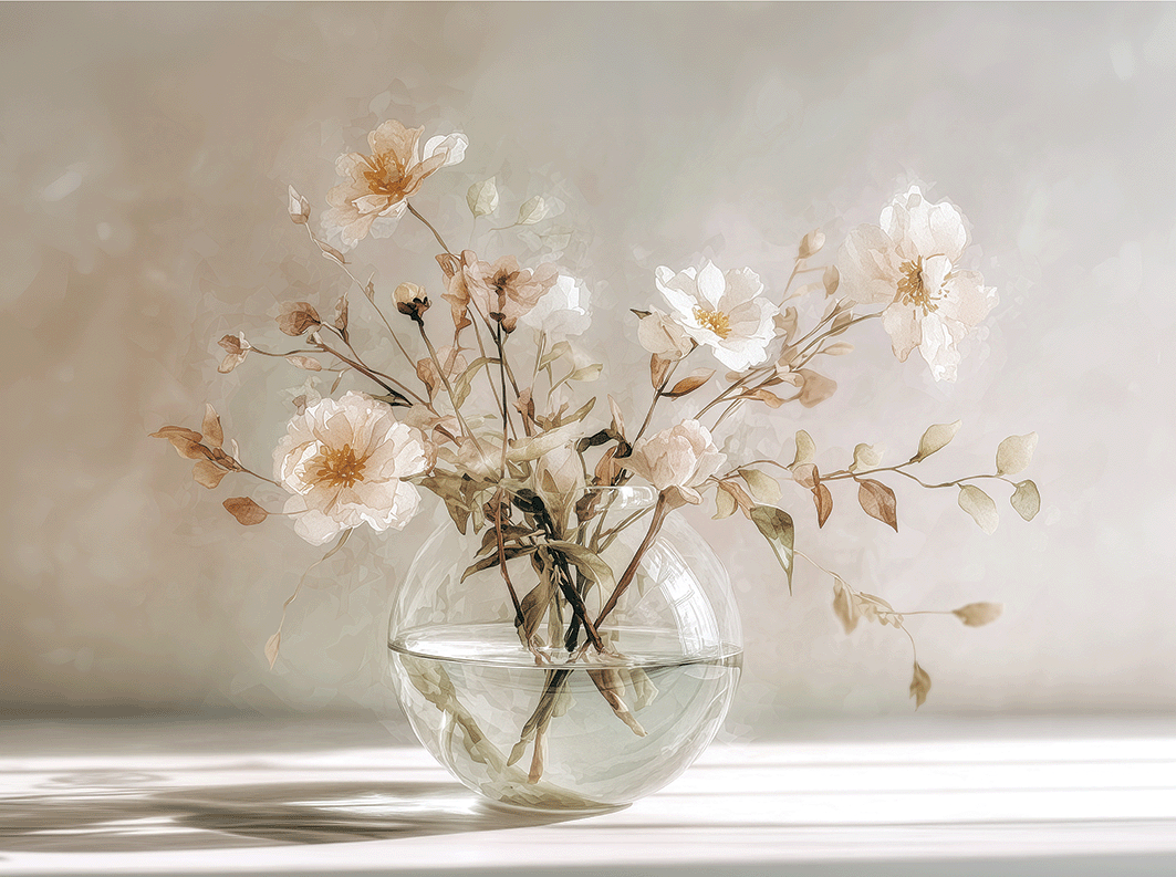 Floral wall art print with soft bouquet in warm sunlight tones, elegant decor for modern home