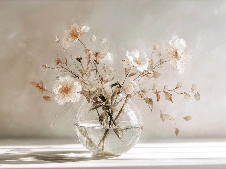 Floral wall art print with soft bouquet in warm sunlight tones, elegant decor for modern home