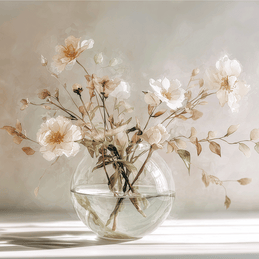 Floral wall art print with soft bouquet in warm sunlight tones, elegant decor for modern home