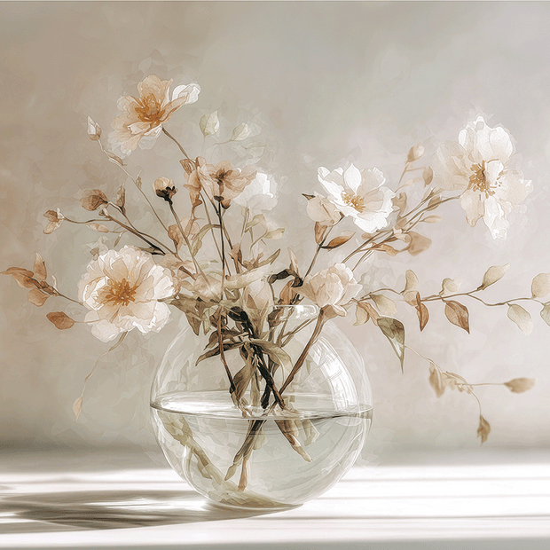 Floral wall art print with soft bouquet in warm sunlight tones, elegant decor for modern home
