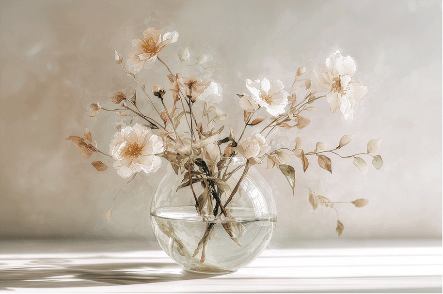 Floral wall art print with soft bouquet in warm sunlight tones, elegant decor for modern home