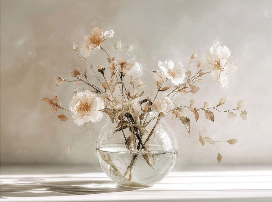 Floral wall art print with soft bouquet in warm sunlight tones, elegant decor for modern home