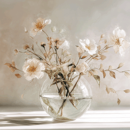 Floral wall art print with soft bouquet in warm sunlight tones, elegant decor for modern home