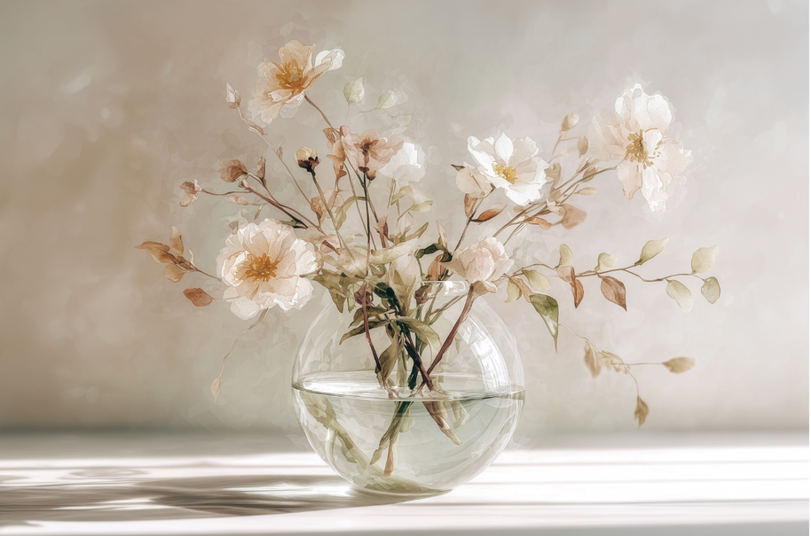 Floral wall art print with soft bouquet in warm sunlight tones, elegant decor for modern home