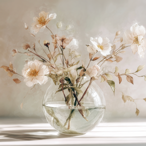 Floral wall art print with soft bouquet in warm sunlight tones, elegant decor for modern home