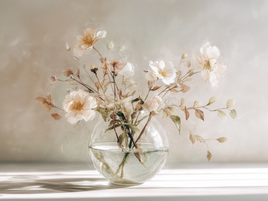 Floral wall art print with soft bouquet in warm sunlight tones, elegant decor for modern home