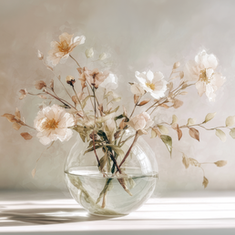 Floral wall art print with soft bouquet in warm sunlight tones, elegant decor for modern home