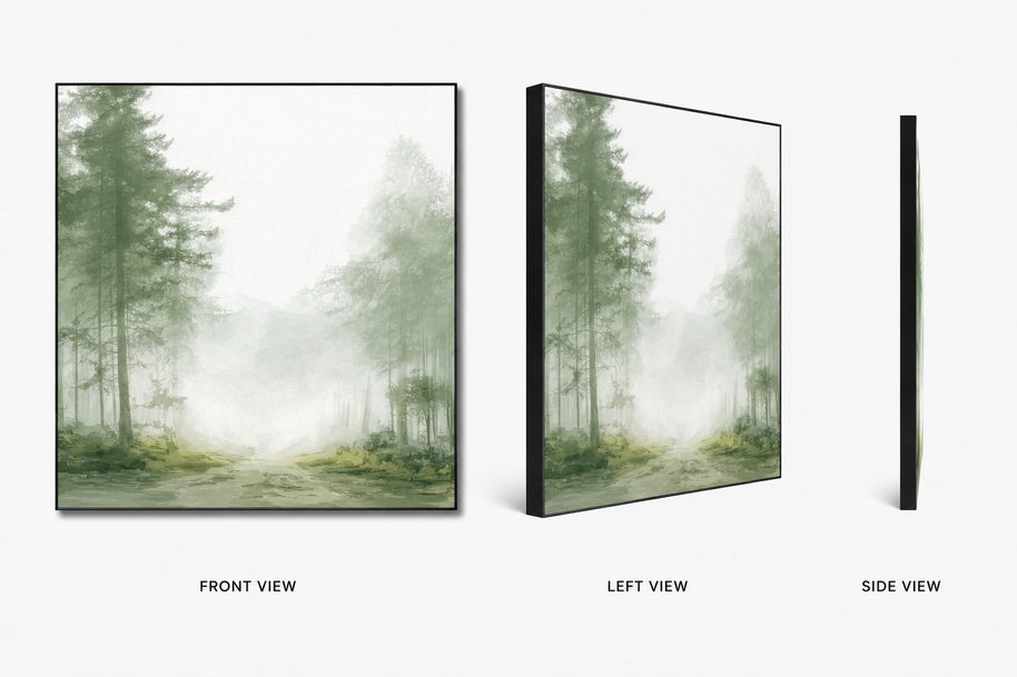 Foggy Passage — fog-layered forest passage on swappable fabric wall art, shown in a 24x24 inch Framilie aluminum frame from front, angle and side