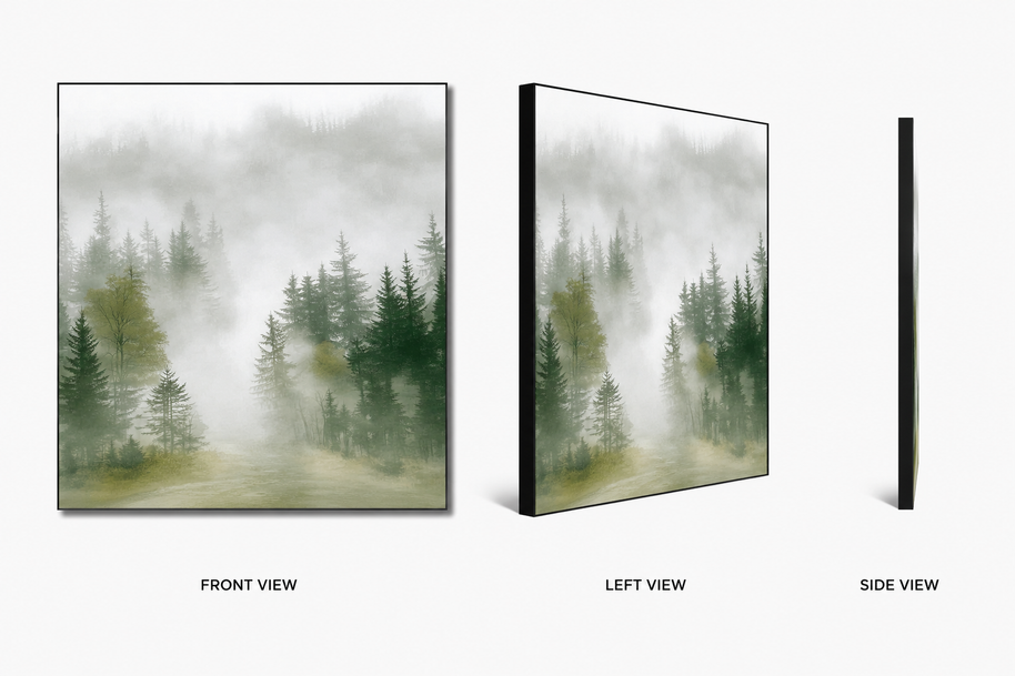 Forest Veil — layered trees fading into mist on swappable fabric wall art, shown in a 24x24 inch Framilie aluminum frame from front, angle and side