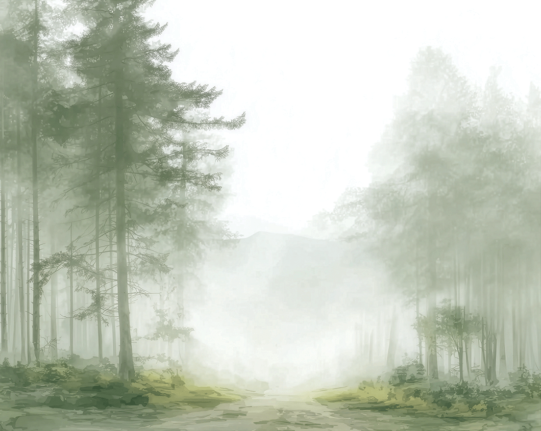 Forest wall art print with foggy passage and layered trees, soft neutral decor for modern home