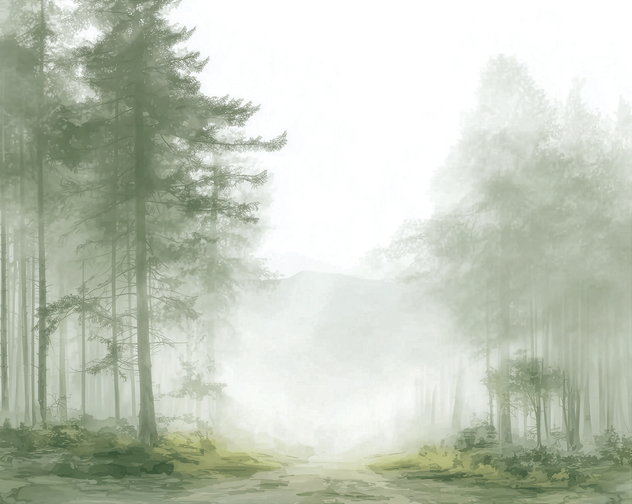Forest wall art print with foggy passage and layered trees, soft neutral decor for modern home