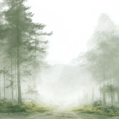 Forest wall art print with foggy passage and layered trees, soft neutral decor for modern home