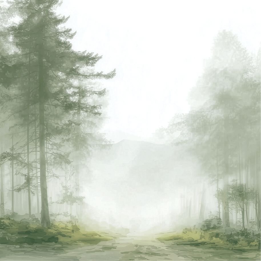 Forest wall art print with foggy passage and layered trees, soft neutral decor for modern home