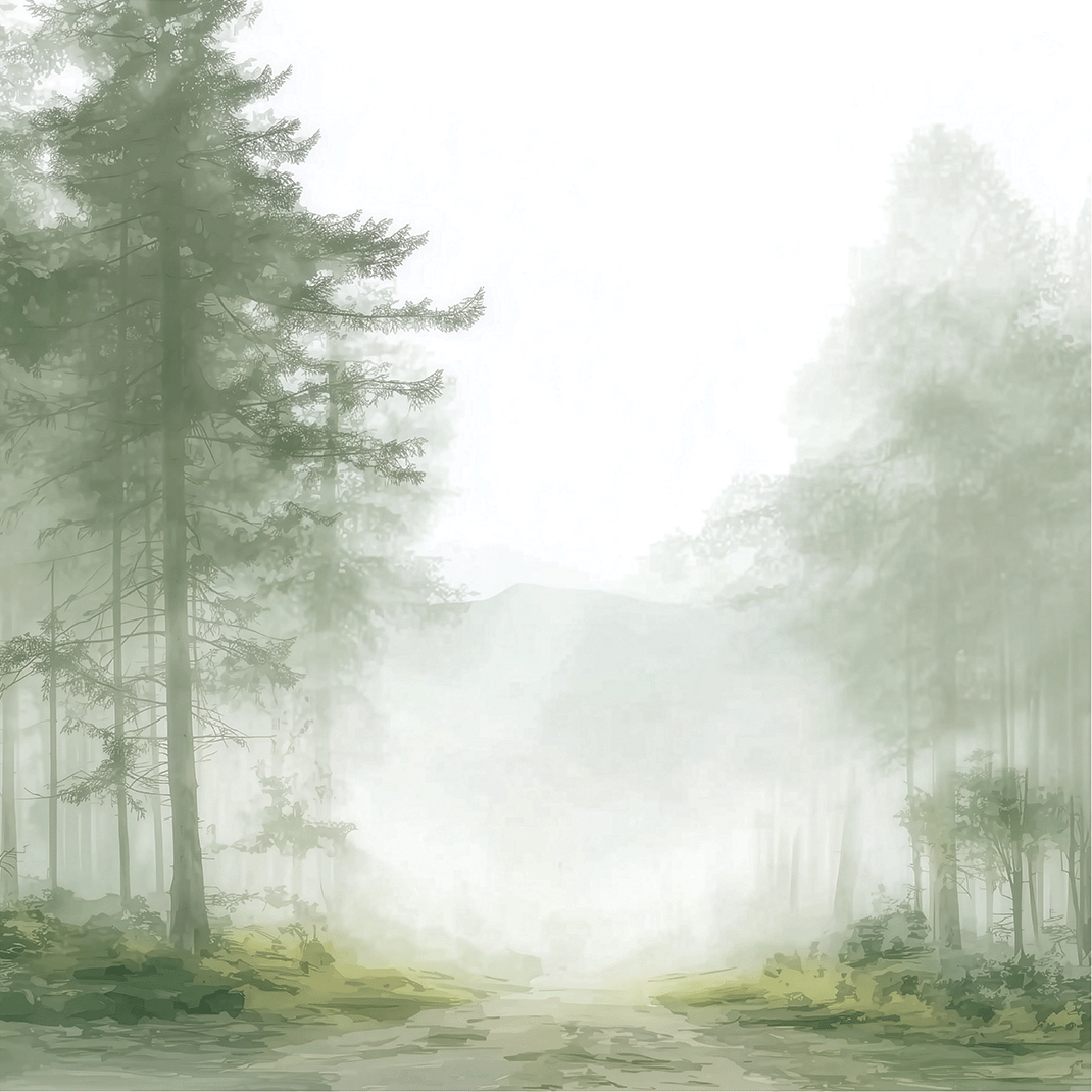 Forest wall art print with foggy passage and layered trees, soft neutral decor for modern home