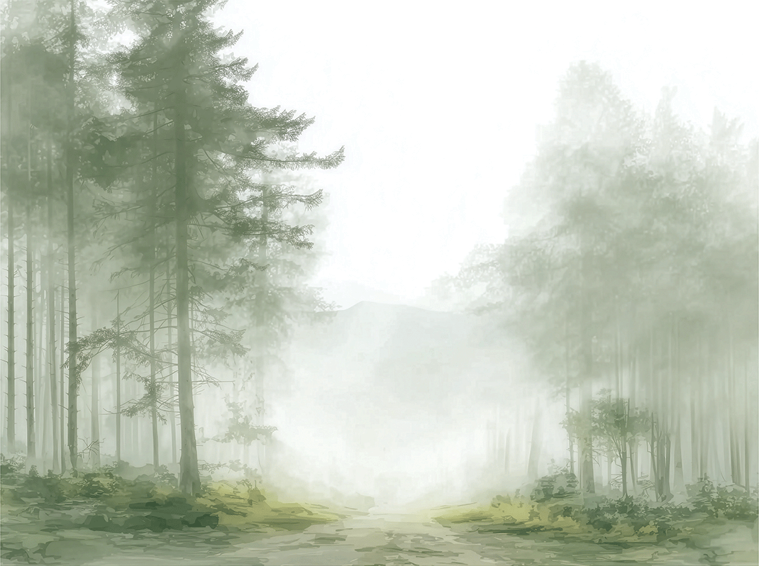 Forest wall art print with foggy passage and layered trees, soft neutral decor for modern home