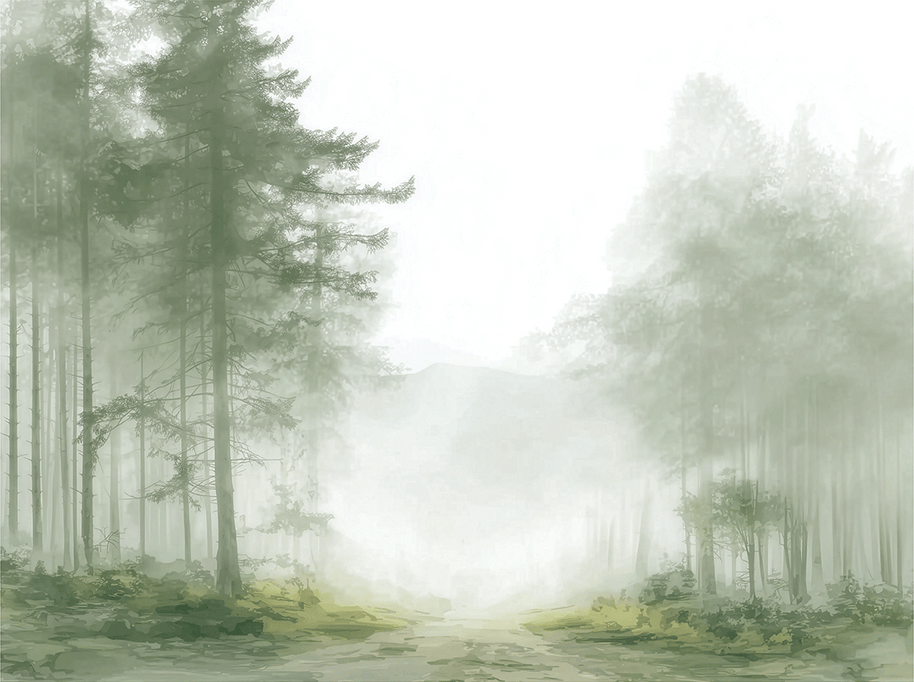 Forest wall art print with foggy passage and layered trees, soft neutral decor for modern home