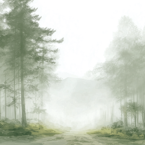 Forest wall art print with foggy passage and layered trees, soft neutral decor for modern home