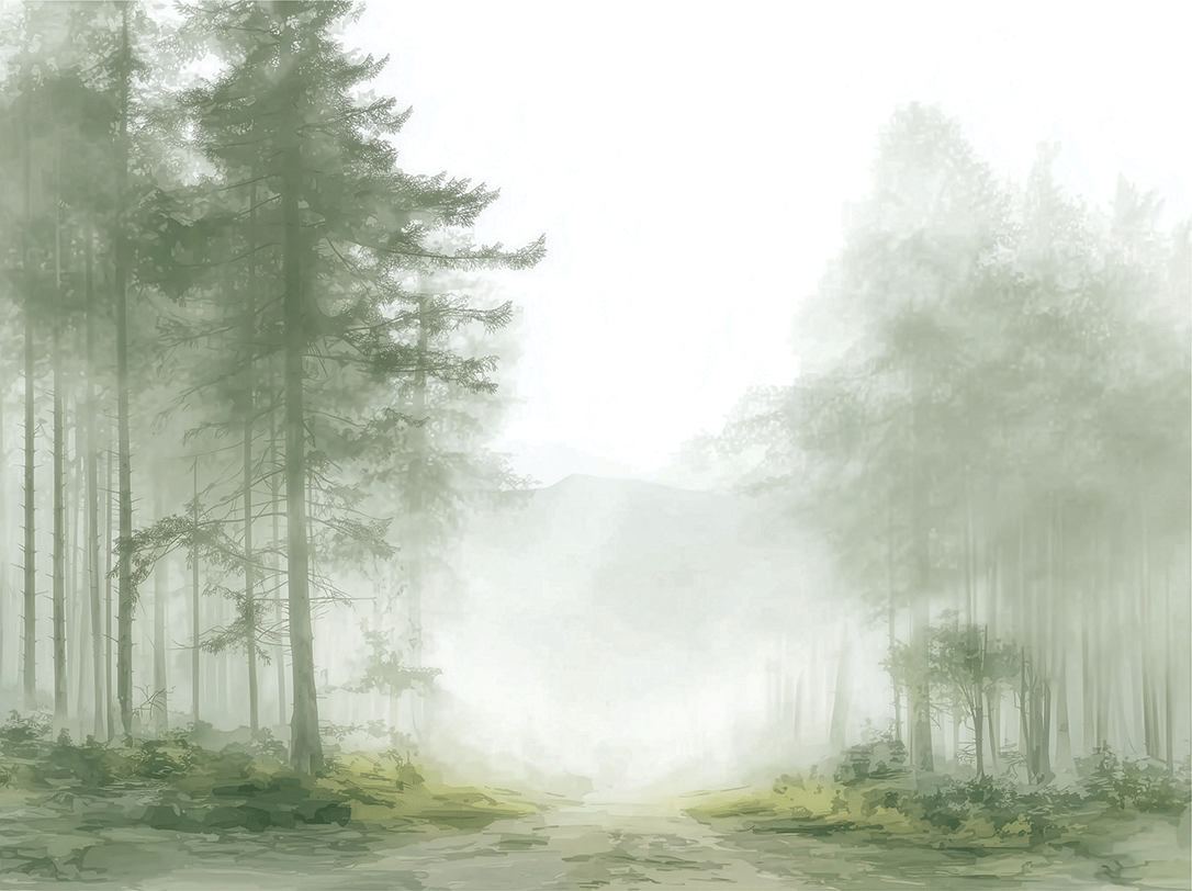 Forest wall art print with foggy passage and layered trees, soft neutral decor for modern home