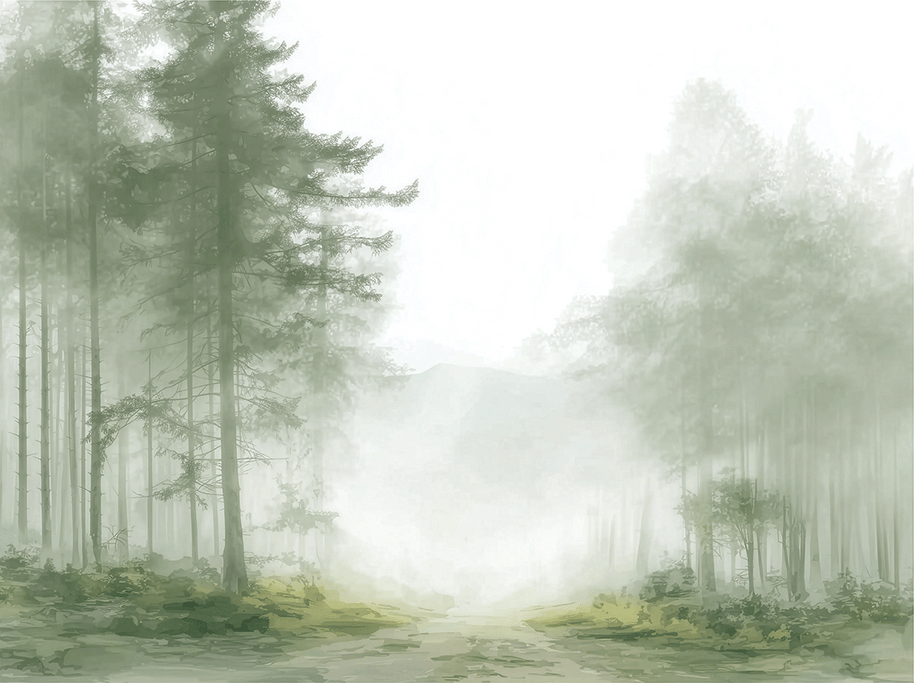 Forest wall art print with foggy passage and layered trees, soft neutral decor for modern home