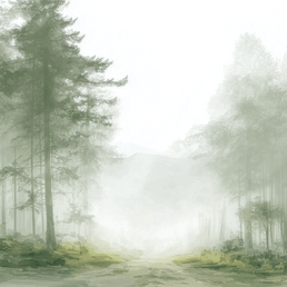 Forest wall art print with foggy passage and layered trees, soft neutral decor for modern home