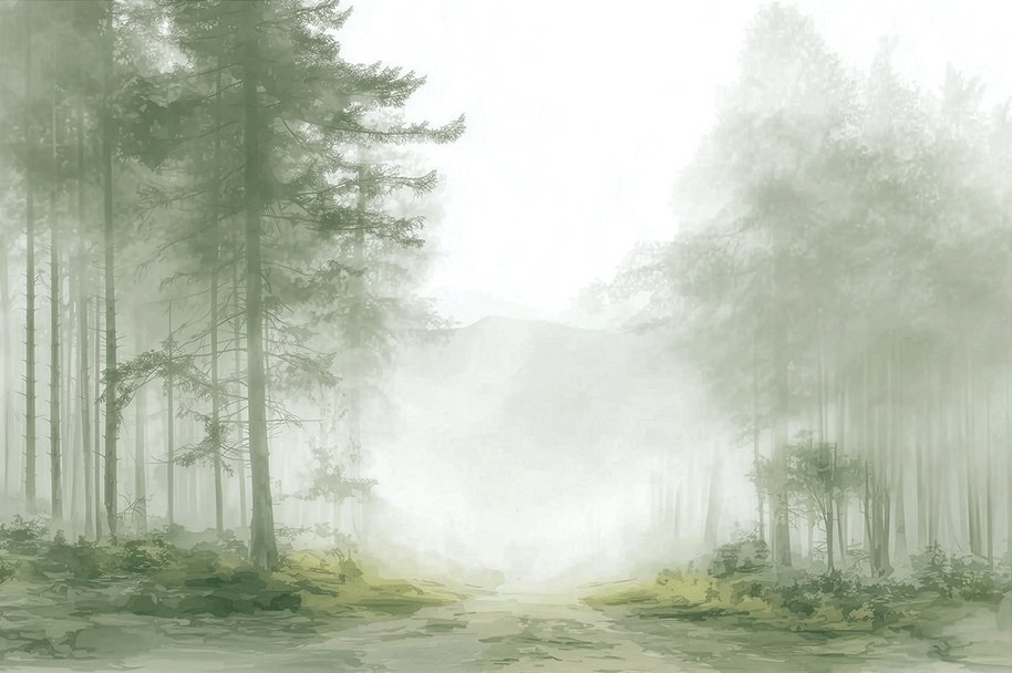 Forest wall art print with foggy passage and layered trees, soft neutral decor for modern home