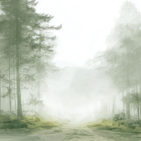 Forest wall art print with foggy passage and layered trees, soft neutral decor for modern home