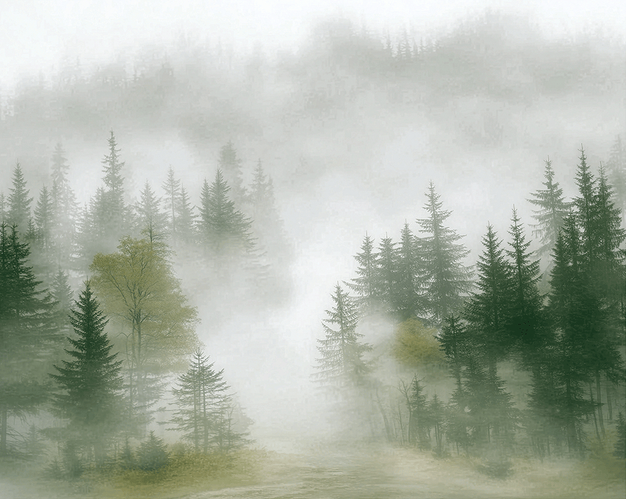 Forest wall art print with layered mist and soft tree silhouettes, calm modern decor