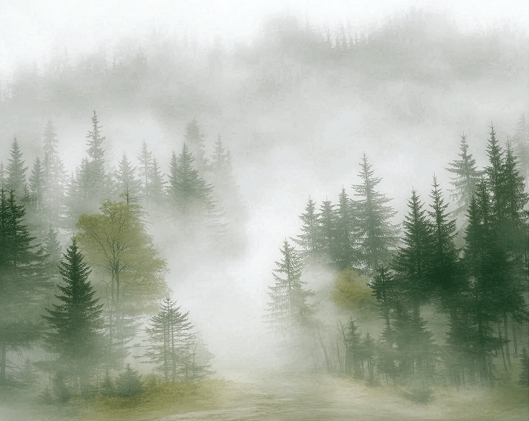 Forest wall art print with layered mist and soft tree silhouettes, calm modern decor