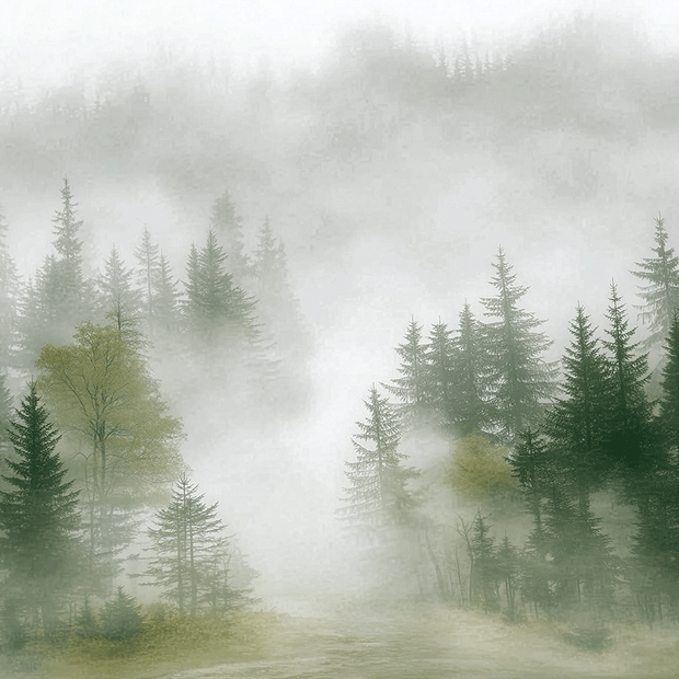 Forest wall art print with layered mist and soft tree silhouettes, calm modern decor
