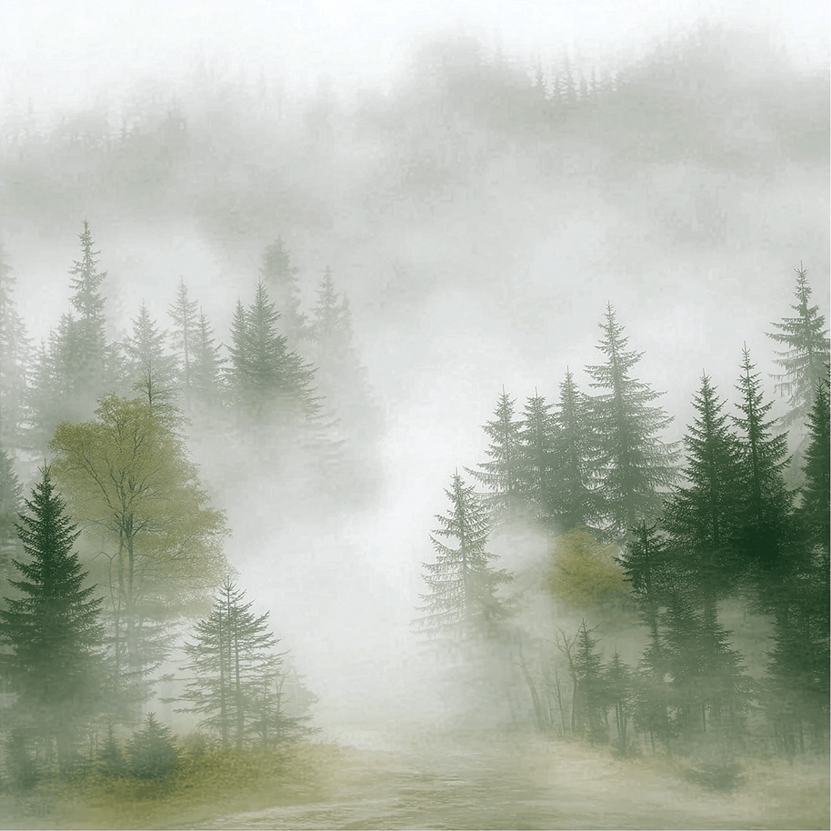 Forest wall art print with layered mist and soft tree silhouettes, calm modern decor