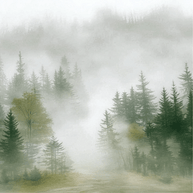 Forest wall art print with layered mist and soft tree silhouettes, calm modern decor